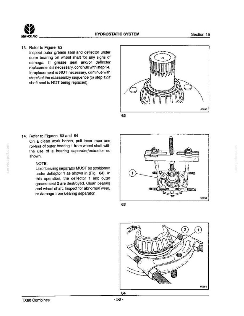 May include: A technical manual page for New Holland TX60 combines, featuring the Hydrostatic System section. It includes three line-art diagrams labeled 62, 63, and 64, illustrating the removal of a wheel shaft bearing using a bearing separator tool.