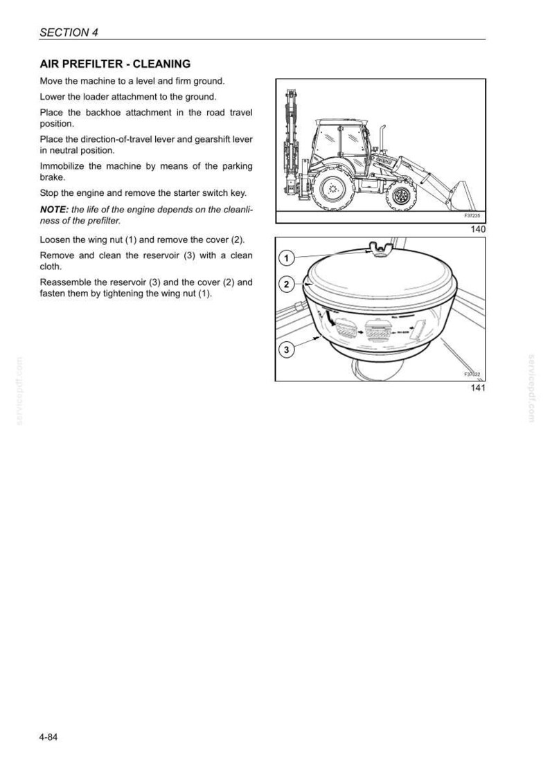 May include: Diagram of an air prefilter cleaning procedure. The image includes a diagram of a tractor and a detailed illustration of the prefilter components, labeled with numbers for easy identification. Text instructions are also included.