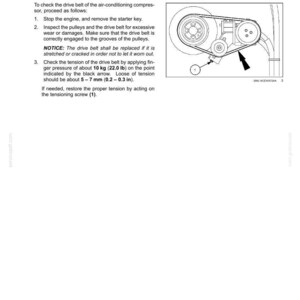 May include: Diagram illustrating compressor belt check for an air conditioning system. The image shows pulleys, a drive belt, and an arrow indicating the point to check tension. Text provides instructions and measurements in inches and pounds.