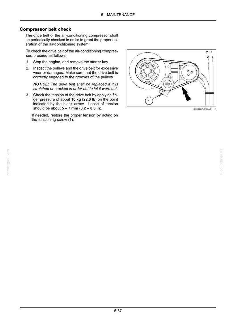 May include: Diagram illustrating compressor belt check for an air conditioning system. The image shows pulleys, a drive belt, and an arrow indicating the point to check tension. Text provides instructions and measurements in inches and pounds.