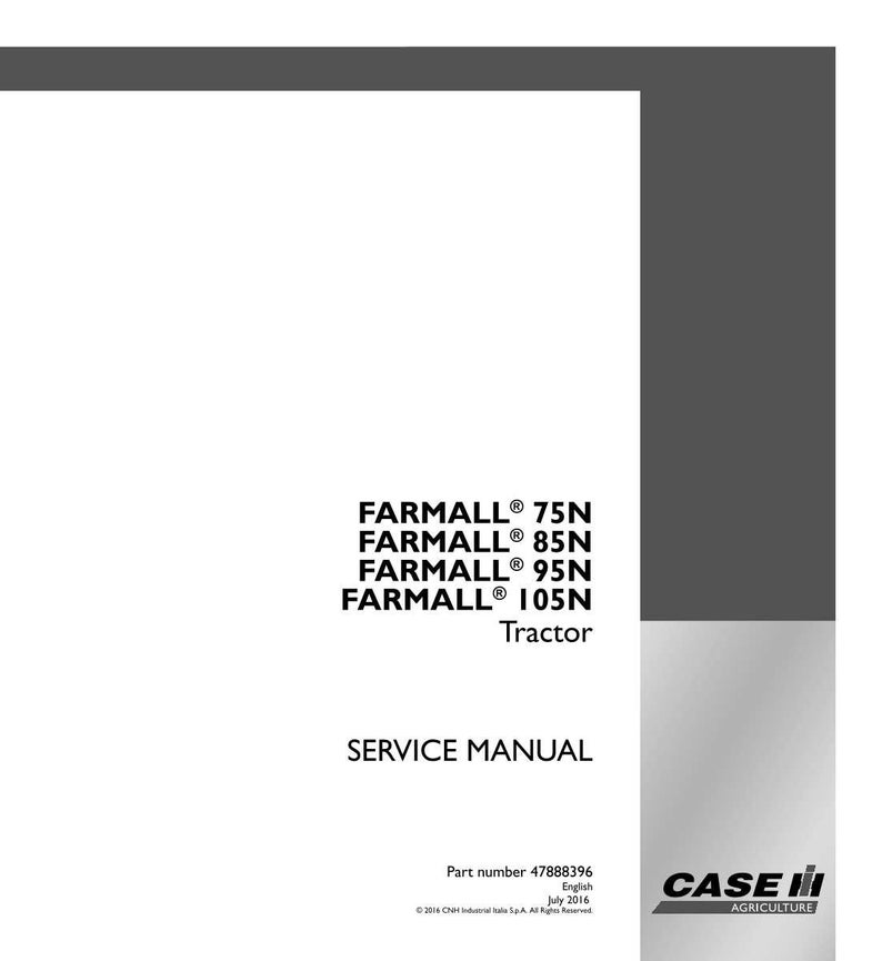 Pu&ograve; includere: Un manuale di servizio bianco con il testo "FARMALL 75N, 85N, 95N, 105N Tractor SERVICE MANUAL". Il logo Case IH Agriculture si trova in basso a destra.