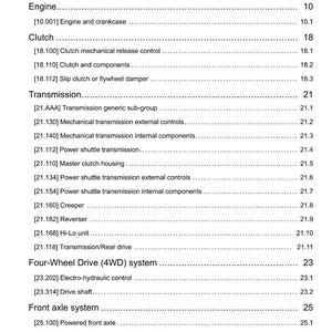 May include: A page from a manual with the title "Contents" at the top. The page lists various mechanical components, including engine, clutch, transmission, and four-wheel drive systems, with corresponding page numbers.