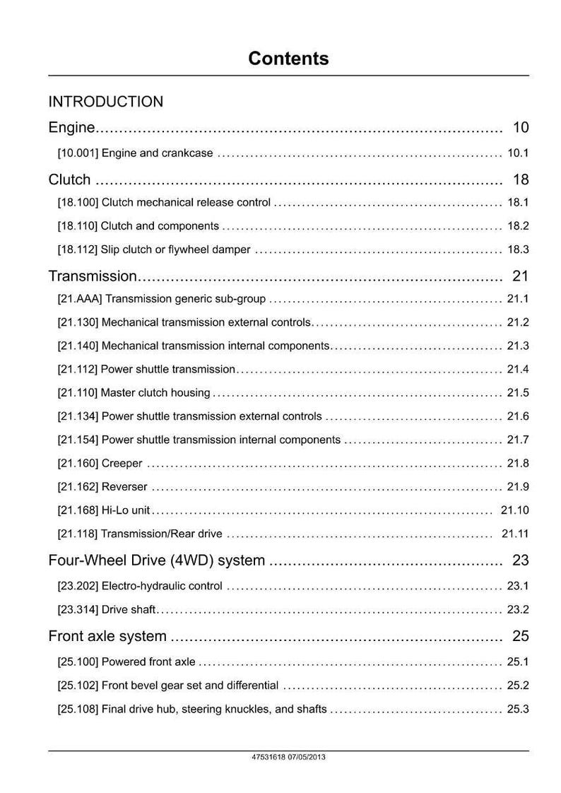May include: A page from a manual with the title "Contents" at the top. The page lists various mechanical components, including engine, clutch, transmission, and four-wheel drive systems, with corresponding page numbers.