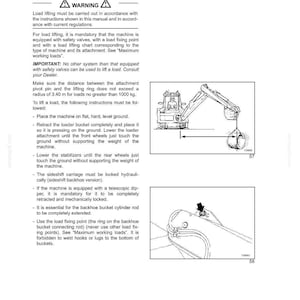 Puede incluir: P&aacute;gina de un manual de funcionamiento con el t&iacute;tulo "Levantamiento de cargas con el accesorio de retroexcavadora". La p&aacute;gina incluye un s&iacute;mbolo de advertencia, instrucciones y diagramas de una retroexcavadora. El texto detalla los procedimientos de seguridad.