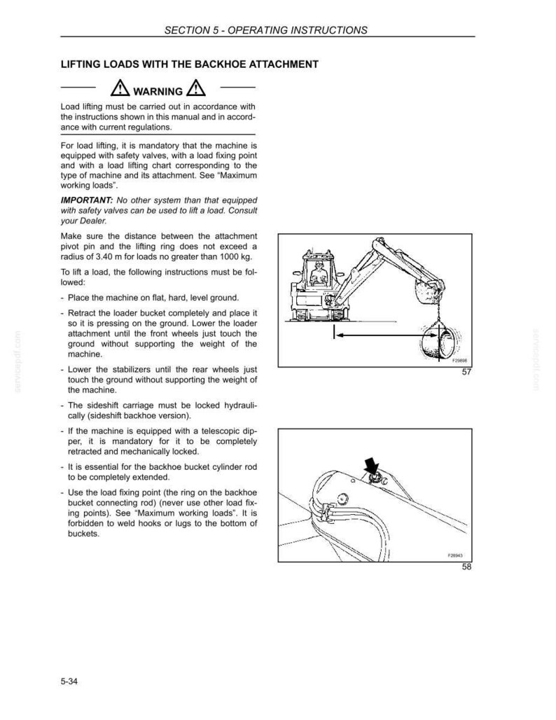 Puede incluir: P&aacute;gina de un manual de funcionamiento con el t&iacute;tulo "Levantamiento de cargas con el accesorio de retroexcavadora". La p&aacute;gina incluye un s&iacute;mbolo de advertencia, instrucciones y diagramas de una retroexcavadora. El texto detalla los procedimientos de seguridad.