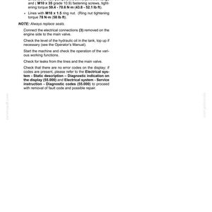May include: A white document with black text detailing instructions for hydraulic systems, including connecting lines, checking oil levels, and diagnostic procedures. The document includes torque specifications in lb ft.
