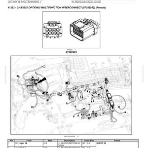 May include: Component diagram of wire connectors for electrical systems. The diagram includes a detailed illustration of connectors, wiring, and a table with pin, wire, and description details. The image also shows the text "X-323 - CHASSIS OPTIONS/ MULTIFUNCTION INTERCONNECT (87382922) (Female)".