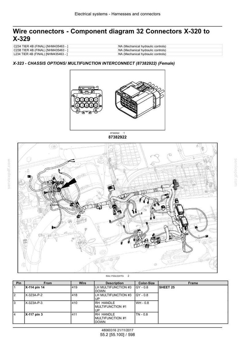 May include: Component diagram of wire connectors for electrical systems. The diagram includes a detailed illustration of connectors, wiring, and a table with pin, wire, and description details. The image also shows the text "X-323 - CHASSIS OPTIONS/ MULTIFUNCTION INTERCONNECT (87382922) (Female)".