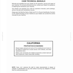 May include: A white page with the text "CASE TECHNICAL MANUALS" at the top. Below, text details how to obtain manuals and provide machine information. A black and white box states "CALIFORNIA PROPOSITION 65 WARNING".
