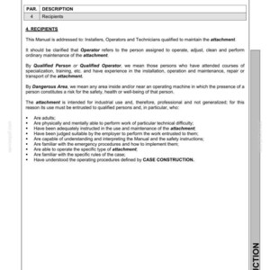 Puede incluir: P&aacute;gina de un manual de CASE titulado "Demolition and Sorting Grab". El documento, etiquetado como "Introducci&oacute;n", detalla los destinatarios cualificados para mantener el accesorio, incluidos instaladores, operadores y t&eacute;cnicos.