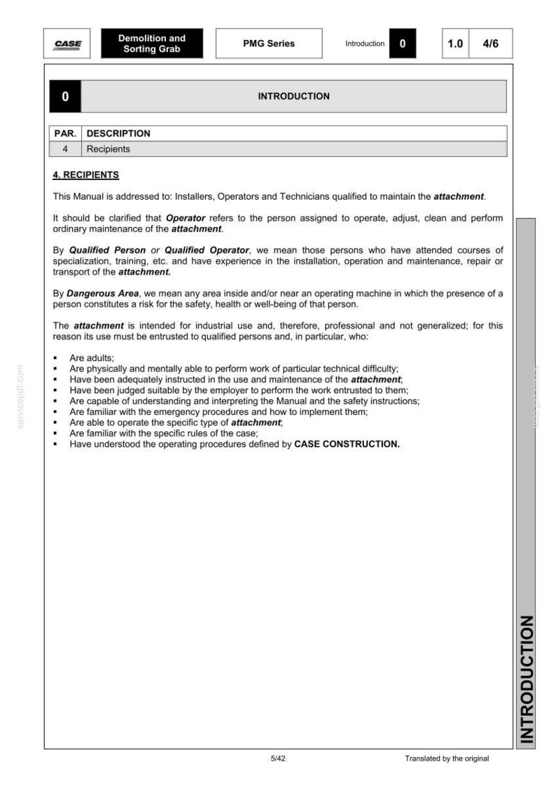 Puede incluir: P&aacute;gina de un manual de CASE titulado "Demolition and Sorting Grab". El documento, etiquetado como "Introducci&oacute;n", detalla los destinatarios cualificados para mantener el accesorio, incluidos instaladores, operadores y t&eacute;cnicos.