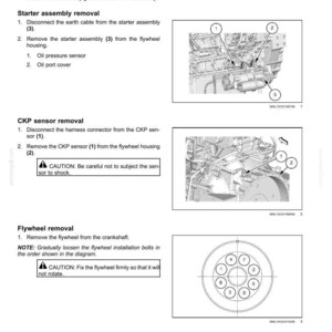 May include: Diagram of engine components, including a crankshaft oil seal, starter assembly, and flywheel. Instructions detail removal steps with numbered components and a caution about flywheel rotation. Technical illustration.