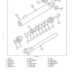 May include: An exploded diagram of a steering cylinder assembly, showing various components like the gland, rod wiper, piston rod, and tube. The diagram includes labels and numbers for each part, with a focus on mechanical details.