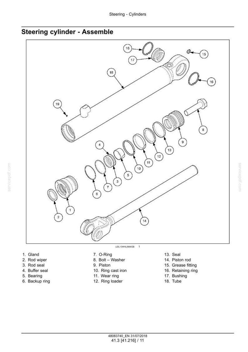 May include: An exploded diagram of a steering cylinder assembly, showing various components like the gland, rod wiper, piston rod, and tube. The diagram includes labels and numbers for each part, with a focus on mechanical details.