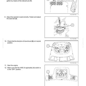 May include: Diagram of transport operations with numbered steps and illustrations. Includes instructions for cleaning license plates, locking doors, adjusting the seat, and checking the direction-of-travel lever. The text also includes instructions for starting the engine and the 4WD switch.