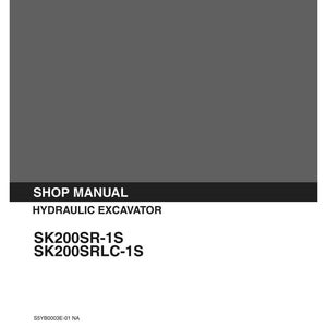 May include: A Kobelco shop manual for a hydraulic excavator, specifically models SK200SR-1S and SK200SRLC-1S. The cover is dark gray with white text, including the issue date of 10-2004 and serial number ranges for the specified excavator models.