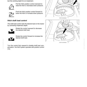 May include: A technical manual page titled 3-CONTROLS AND INSTRUMENTS detailing rear hitch controls. It features diagrams of hitch position and draft load control levers with arrows indicating movement directions and descriptive text instructions.