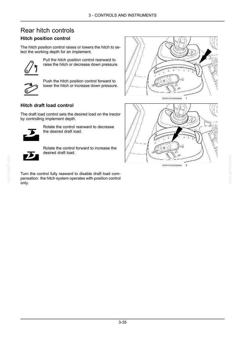 May include: A technical manual page titled 3-CONTROLS AND INSTRUMENTS detailing rear hitch controls. It features diagrams of hitch position and draft load control levers with arrows indicating movement directions and descriptive text instructions.