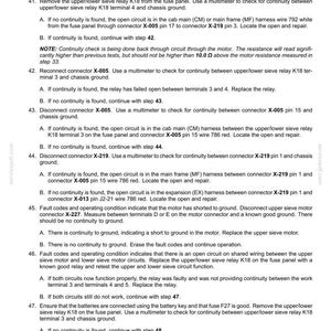 May include: A page from a manual detailing electrical system fault codes. The text provides troubleshooting steps for various issues, including open circuits and relay failures, with instructions for using a multimeter.