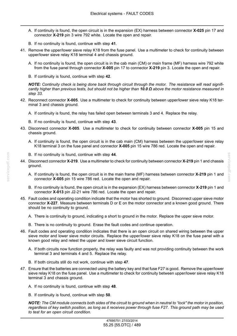 May include: A page from a manual detailing electrical system fault codes. The text provides troubleshooting steps for various issues, including open circuits and relay failures, with instructions for using a multimeter.