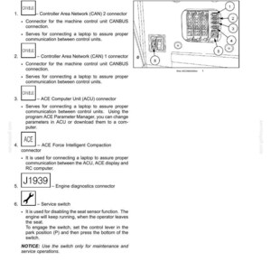 May include: Diagram of a rear panel with numbered components and labels. Includes connectors, a service switch, and engine diagnostics information. Text includes "Controls and Instruments."