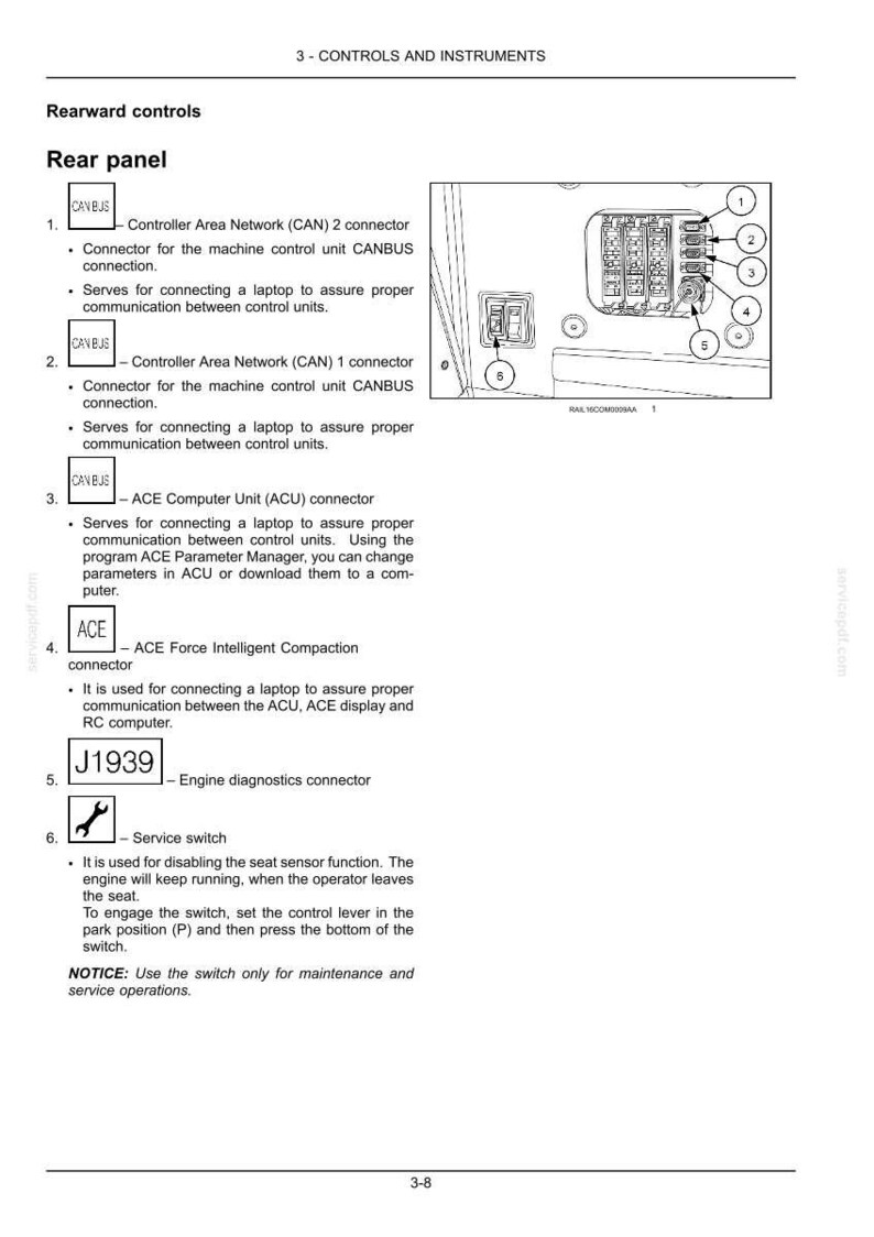 May include: Diagram of a rear panel with numbered components and labels. Includes connectors, a service switch, and engine diagnostics information. Text includes "Controls and Instruments."