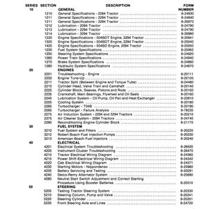 May include: Table of Contents for 2094, 2294, and 3294 tractors. Includes sections on general specifications, lubrication, engines, fuel systems, electrical systems, and steering. Published by Case Corporation.