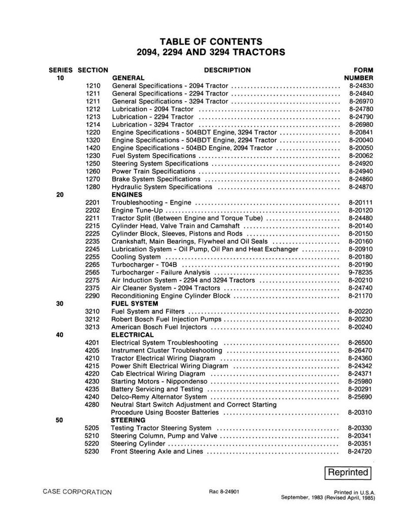 May include: Table of Contents for 2094, 2294, and 3294 tractors. Includes sections on general specifications, lubrication, engines, fuel systems, electrical systems, and steering. Published by Case Corporation.