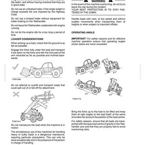 May include: Page from a manual with safety instructions for a Telehandler. Includes warnings about operating angles, load considerations, and potential hazards. Diagrams illustrate proper procedures and safety measures for the machine.