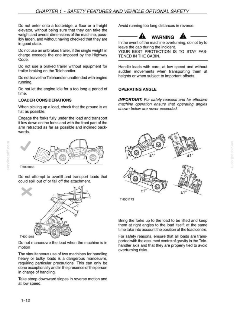 May include: Page from a manual with safety instructions for a Telehandler. Includes warnings about operating angles, load considerations, and potential hazards. Diagrams illustrate proper procedures and safety measures for the machine.