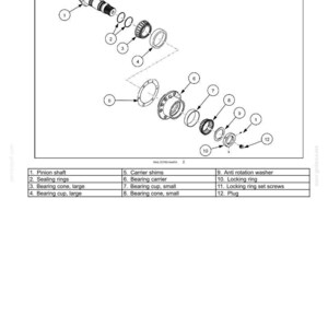 May include: Diagram of a rear axle system for tractors with a continuously variable transmission (CVT). The image shows various components including a pinion shaft, sealing rings, bearing cones, and a bearing carrier. The diagram is labeled with numbered parts.