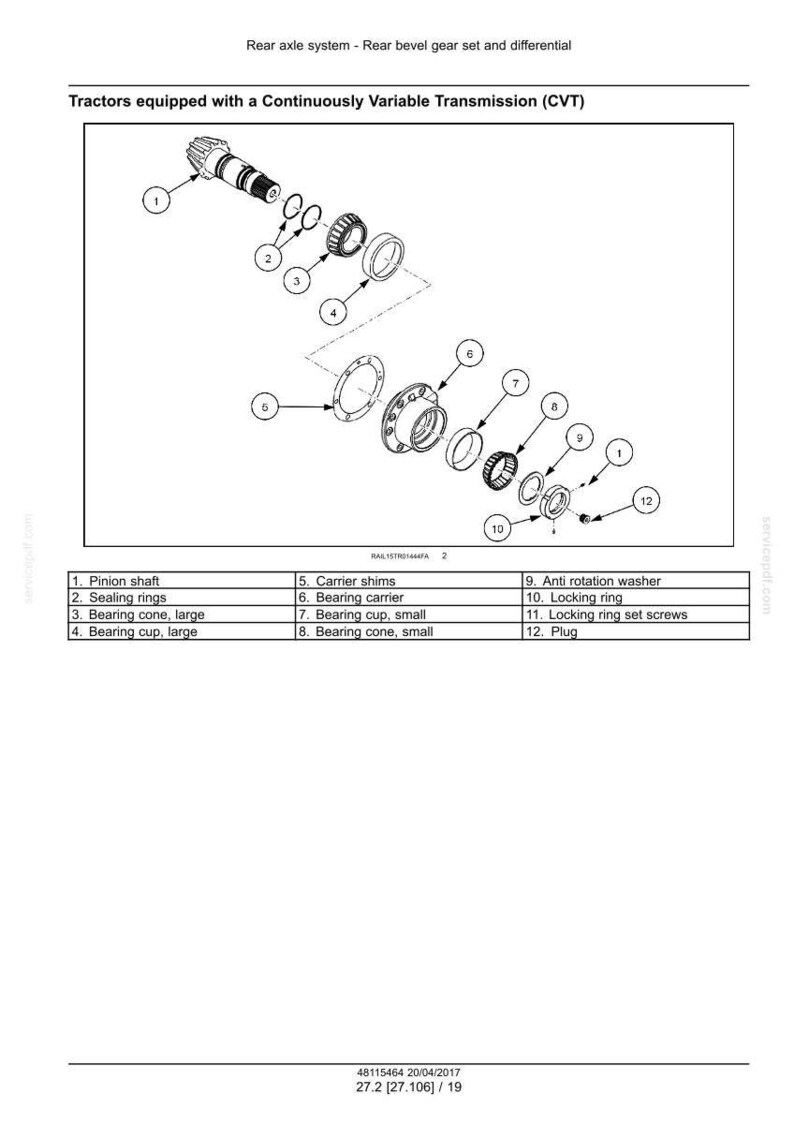 May include: Diagram of a rear axle system for tractors with a continuously variable transmission (CVT). The image shows various components including a pinion shaft, sealing rings, bearing cones, and a bearing carrier. The diagram is labeled with numbered parts.