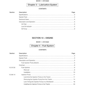 May include: A page from a manual titled "SECTION 10 - ENGINE" with chapters on lubrication and fuel systems. The table of contents lists topics like oil filters, fuel injectors, and injection pumps. The page number is 5.