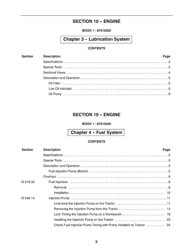 May include: A page from a manual titled "SECTION 10 - ENGINE" with chapters on lubrication and fuel systems. The table of contents lists topics like oil filters, fuel injectors, and injection pumps. The page number is 5.