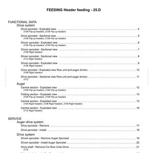 以下が含まれることがあります： 「CROP PROCESSING - K」および「FEEDING Header feeding - 25.D」と題された、作物処理の詳細な目次。機能データ、駆動システム、サービス情報が記載されており、分解図や断面図も含まれています。