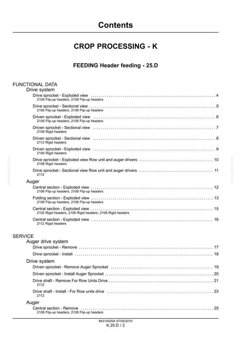 以下が含まれることがあります： 「CROP PROCESSING - K」および「FEEDING Header feeding - 25.D」と題された、作物処理の詳細な目次。機能データ、駆動システム、サービス情報が記載されており、分解図や断面図も含まれています。