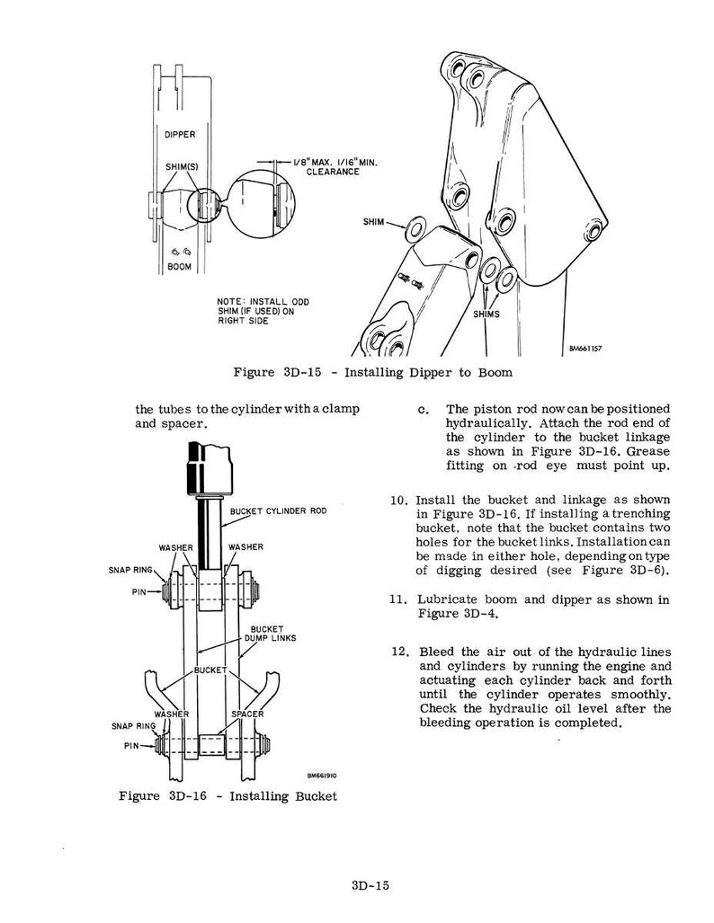 May include: Technical diagram illustrating the installation of a dipper to a boom and the installation of a bucket. The diagram includes labels for various components such as shims, washers, and pins, with detailed instructions.