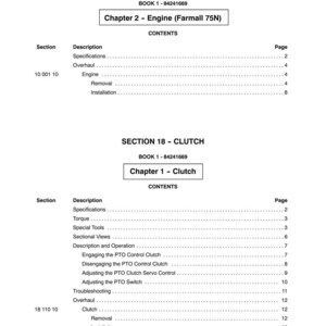 May include: A page from a manual with the title "SECTION 10 - ENGINE" and "SECTION 18 - CLUTCH". The table of contents includes engine and clutch specifications, removal, and installation instructions. The page is white with black text.