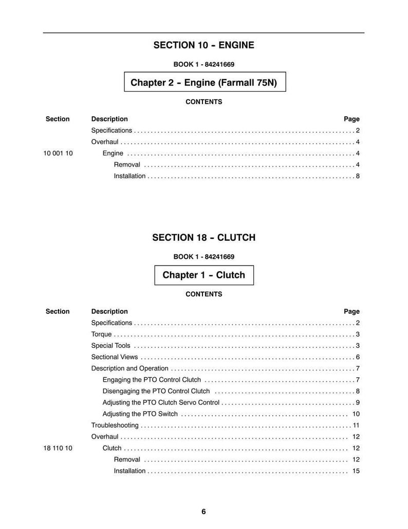 May include: A page from a manual with the title "SECTION 10 - ENGINE" and "SECTION 18 - CLUTCH". The table of contents includes engine and clutch specifications, removal, and installation instructions. The page is white with black text.