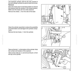 May include: Diagram of a hydraulic reverser cylinder with numbered components and instructions for removal and cleaning. Includes close-up illustrations of the cylinder assembly and related parts. Text includes part numbers and steps.