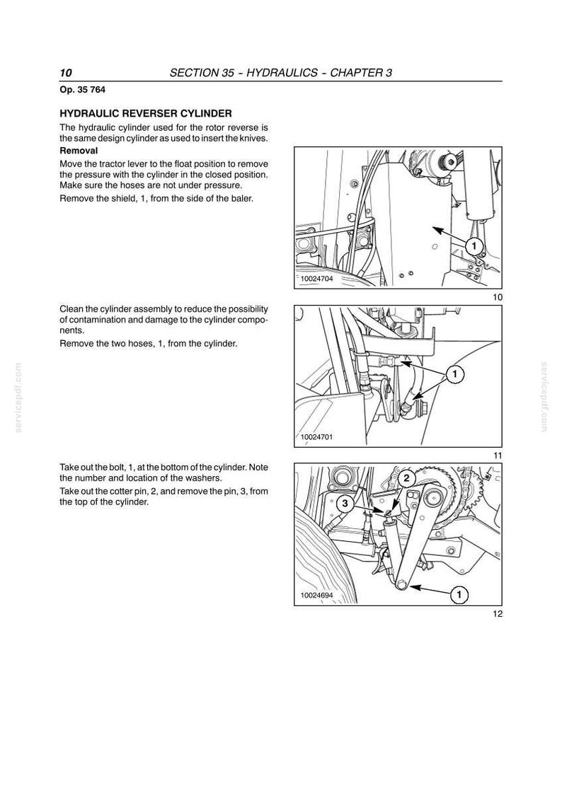 May include: Diagram of a hydraulic reverser cylinder with numbered components and instructions for removal and cleaning. Includes close-up illustrations of the cylinder assembly and related parts. Text includes part numbers and steps.