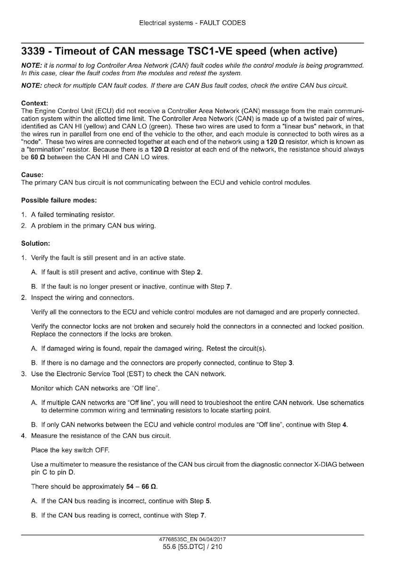 May include: A document titled "Electrical systems - FAULT CODES" with troubleshooting steps for CAN message timeout. Includes notes, context, cause, possible failure modes, and solutions. The text provides instructions for diagnosing and resolving issues.