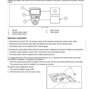 Puede incluir: Diagrama de un sistema de c&aacute;mara con un monitor, un interruptor de pantalla de c&aacute;mara y un interruptor de selecci&oacute;n de c&aacute;mara. Incluye ilustraciones de c&aacute;mara trasera y lateral. Texto que explica el funcionamiento y el &aacute;ngulo de instalaci&oacute;n de 35 grados.