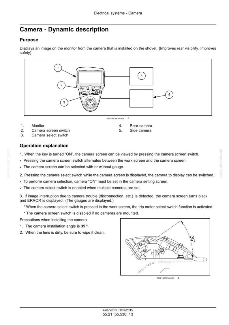 Puede incluir: Diagrama de un sistema de c&aacute;mara con un monitor, un interruptor de pantalla de c&aacute;mara y un interruptor de selecci&oacute;n de c&aacute;mara. Incluye ilustraciones de c&aacute;mara trasera y lateral. Texto que explica el funcionamiento y el &aacute;ngulo de instalaci&oacute;n de 35 grados.