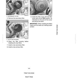 May include: Black and white diagram illustrating automotive filter maintenance. The image shows close-ups of engine components, including a secondary filter, air filter housing, and filter cover. Text provides instructions for filter replacement.