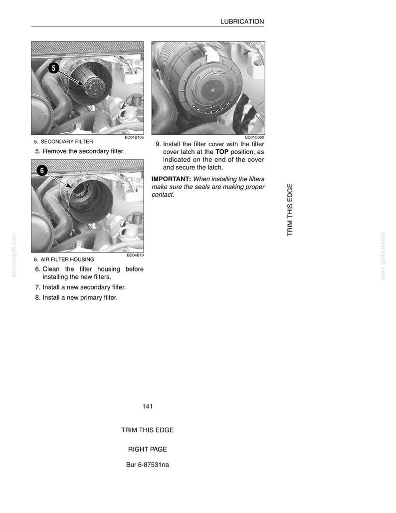 May include: Black and white diagram illustrating automotive filter maintenance. The image shows close-ups of engine components, including a secondary filter, air filter housing, and filter cover. Text provides instructions for filter replacement.