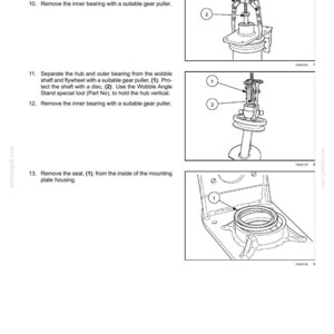 May include: Diagram illustrating the attachment/header cutting mechanism. The image shows detailed steps for separating and removing parts, including the mounting plate, bearings, and seals. Tools like gear pullers and stands are used. Text and numbered labels identify components.