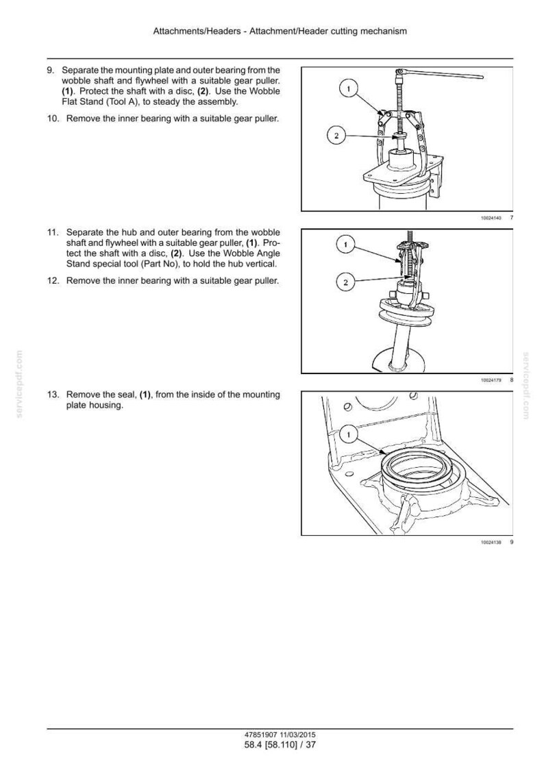 May include: Diagram illustrating the attachment/header cutting mechanism. The image shows detailed steps for separating and removing parts, including the mounting plate, bearings, and seals. Tools like gear pullers and stands are used. Text and numbered labels identify components.
