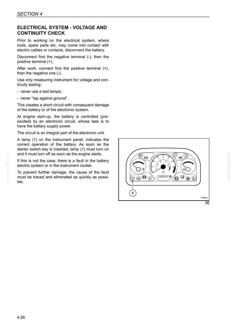 May include: Diagram of a vehicle instrument panel with gauges and warning lights. The panel includes a speedometer, fuel gauge, and other indicators. The text reads "Electrical System - Voltage and Continuity Check."