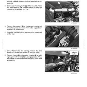 May include: Black and white technical diagram illustrating machine completion steps. Includes close-up photos of mechanical components, pins, and levers. Text instructions accompany each step, detailing the transformation process.